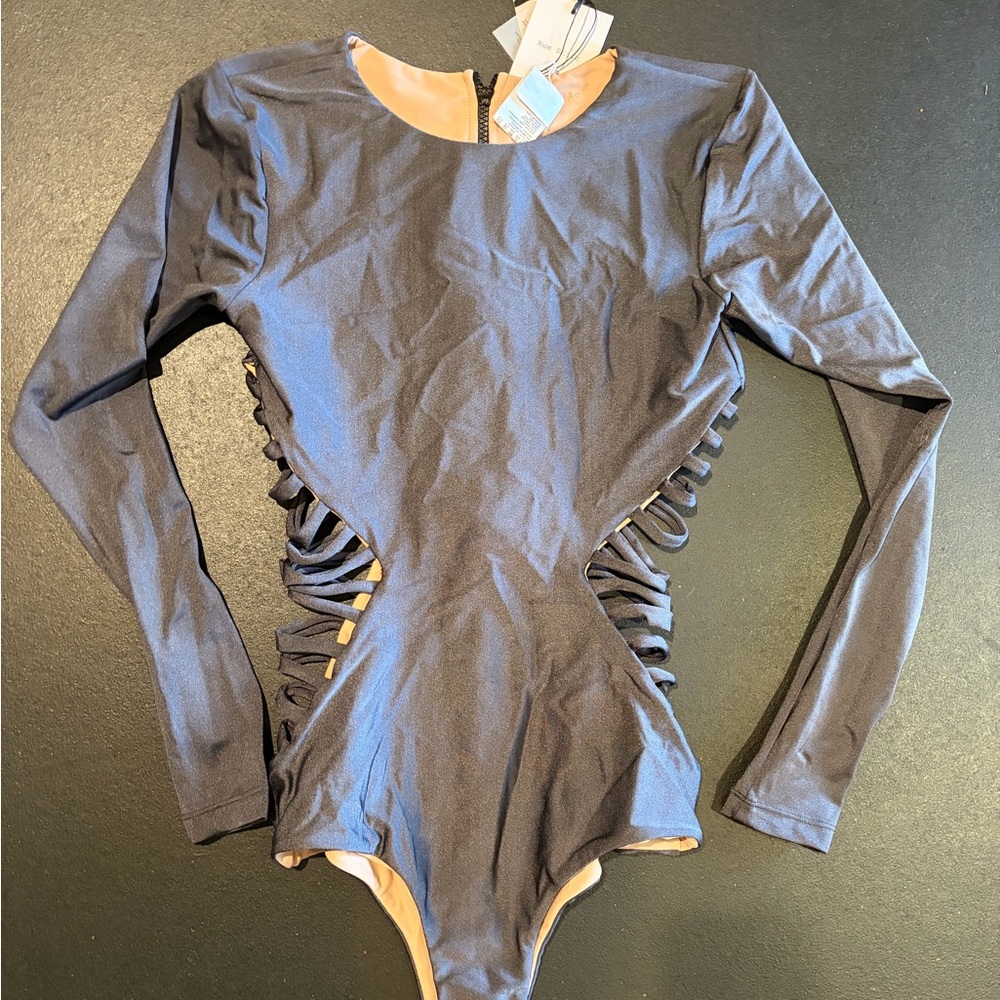Rue Stiic for Free People Gray Long Sleeve Cutout One Piece Swim Suit SZ L NWT